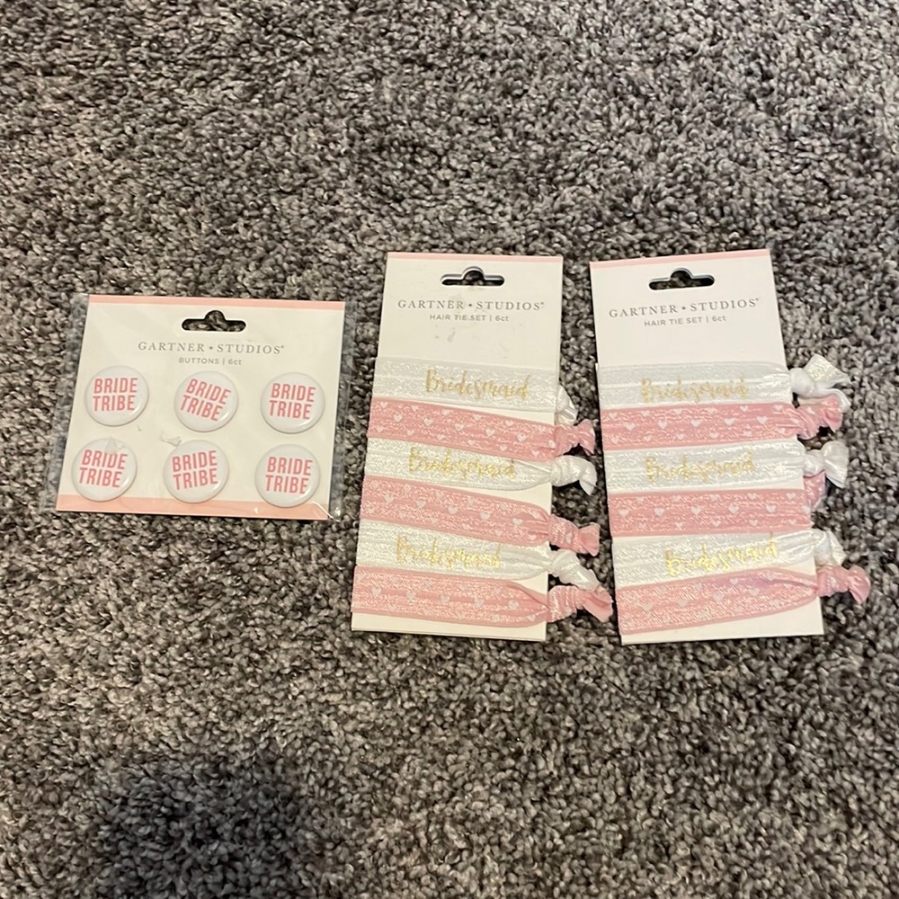 Bride tribe bachelorette party items hair ties and buttons pink